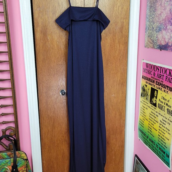 Vintage 90s Navy Glitter Spaghetti Strap Maxi Dress - Picture 6 of 8